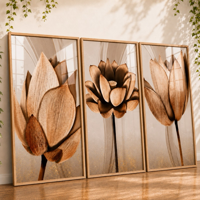 Kit Quadros Decorativos Flores Cobre Gold 3 Peças Luxo Moderno Para Sala Quarto