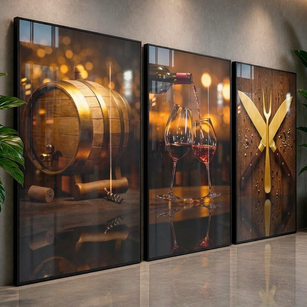 Quadros Decorativos Trio Cantinho Do Vinhos Bebidas Dourado Cobre Para Cozinha Restaurante
