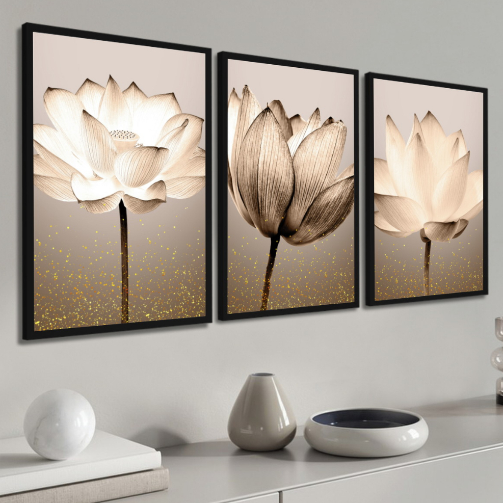 Quadro Decorativo Sala Flores Ton Cobre Gold Folhas