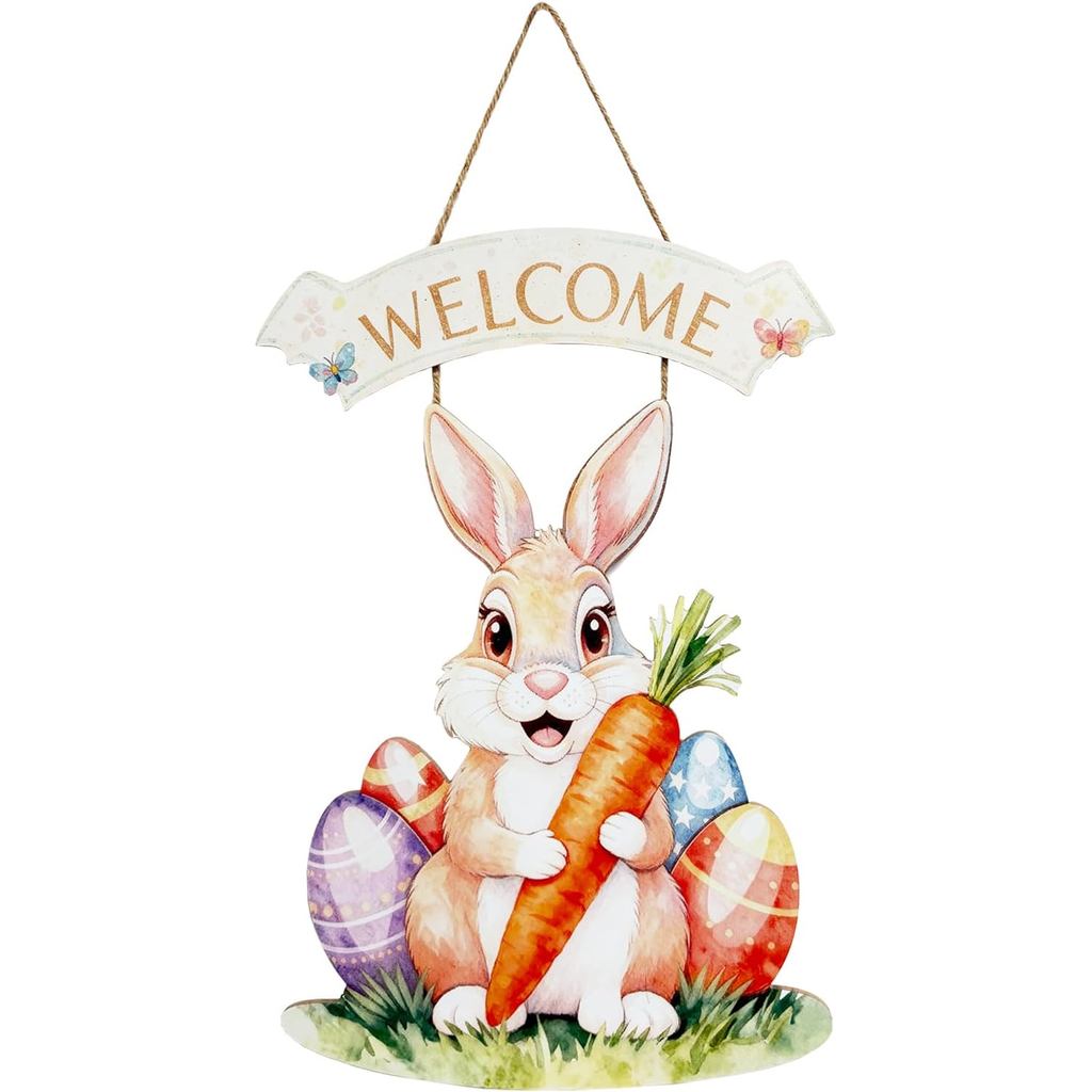 Easter Decoration Door Wall Signs Wooden Rabbit Welcome Sign for Front Door Bunny Egg Carrot Ornaments Hanging Crafts fo