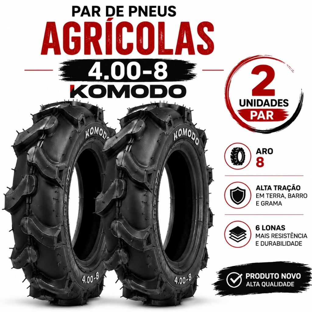 Par Pneu Agrícola 4.00-8 Komodo 55L 6 Lonas Motocultivador Tratorito – 2 Unidades
