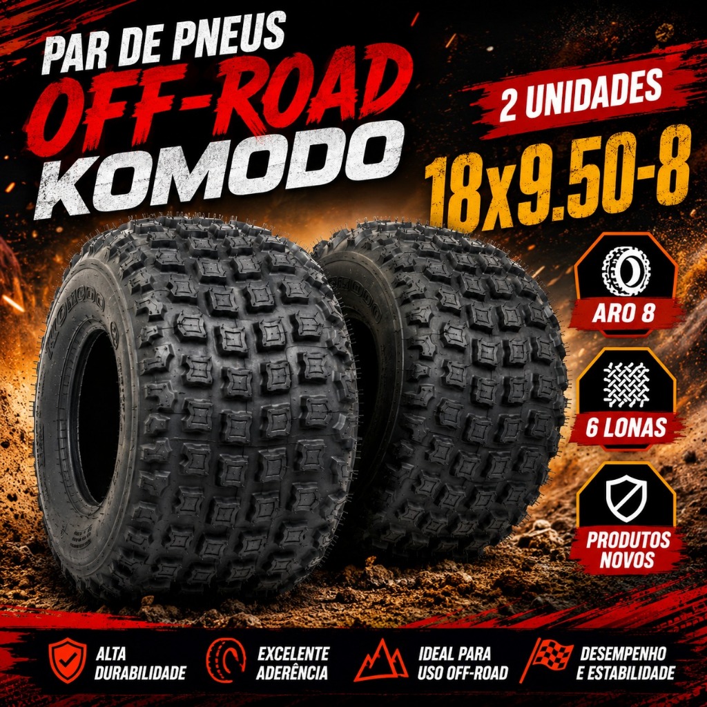 Par de Pneus 18x9.50-8 Komodo 6 Lonas Aro 8 Mini Buggy Kart Cross Quadriciclo – 2 Unidades
