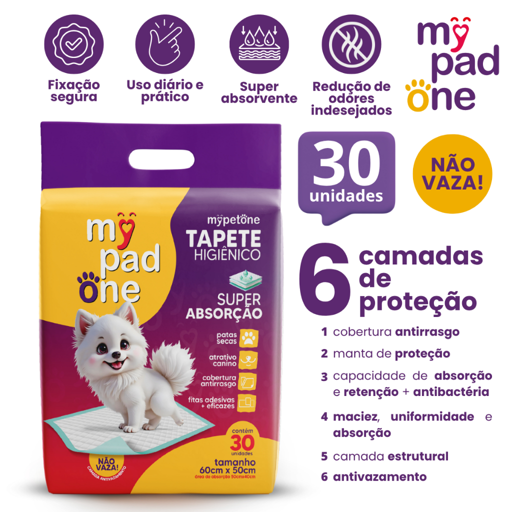 Tapete Higiênico Premium Slim para Caes MyPadOne 60x50 cm Ultra Absorção Envio Imediato - 30 Unidades