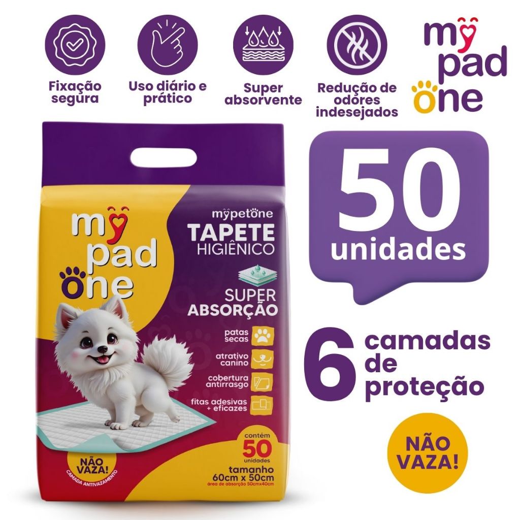 Tapete Higiênico Premium Slim para Caes MyPadOne 60x50 cm Ultra Absorção Envio Imediato - 50 Unidades