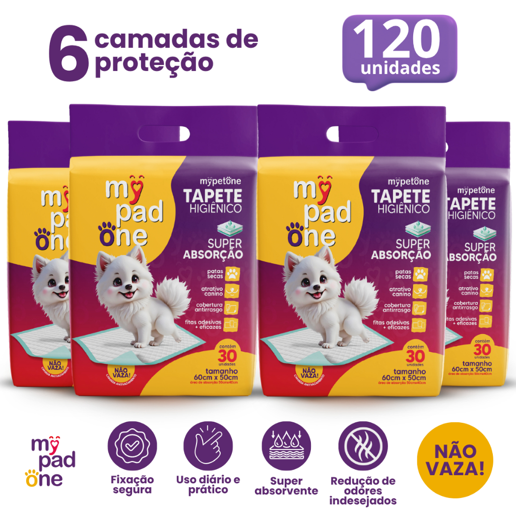 Kit 4 Tapete Higiênico Premium Slim para Caes MyPadOne 60cmx50cm Ultra Absorção Envio Imediato - 120 Unidades