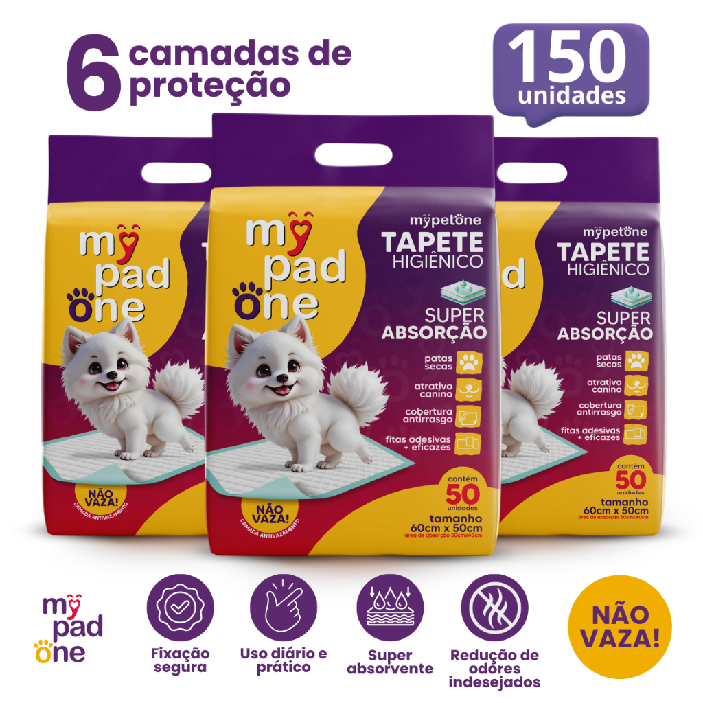 Kit 3 Tapete Higiênico Premium Slim para Caes MyPadOne 60cmx50cm Ultra Absorção Envio Imediato - 150 Unidades