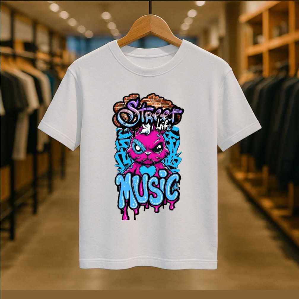Camiseta Unissex Street Life Music Coelho Grafite Estampa Colorida Algodão Moda Urbana Streetwear