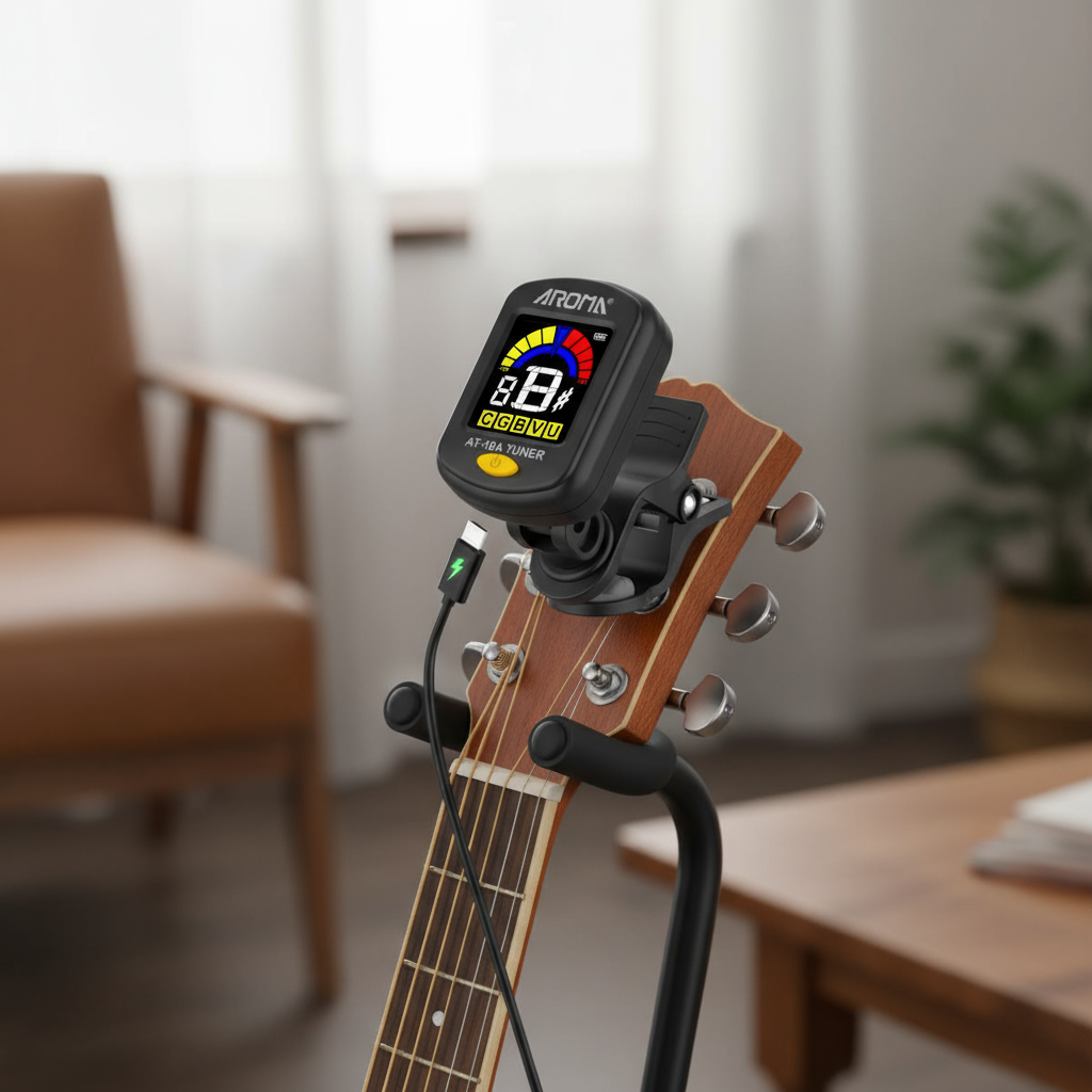 AROMA AT-10A Afinador Cromático Recarregável com Visor LCD Colorido para Violão, Baixo e Violino