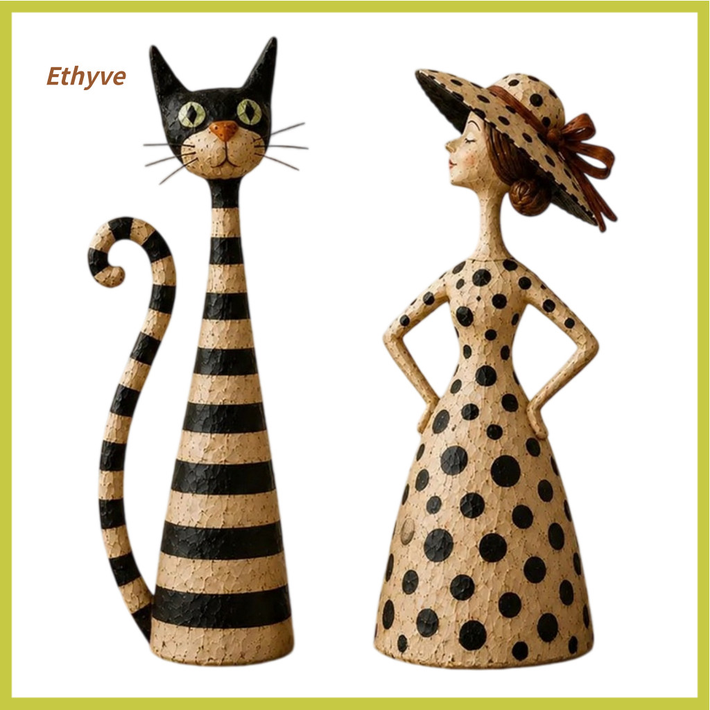 Decorative Figurines for Home Vintage Resin Cat Statue 2pcs Lady and Set – Elegant Sculptures with Polka Dot Dress Ret