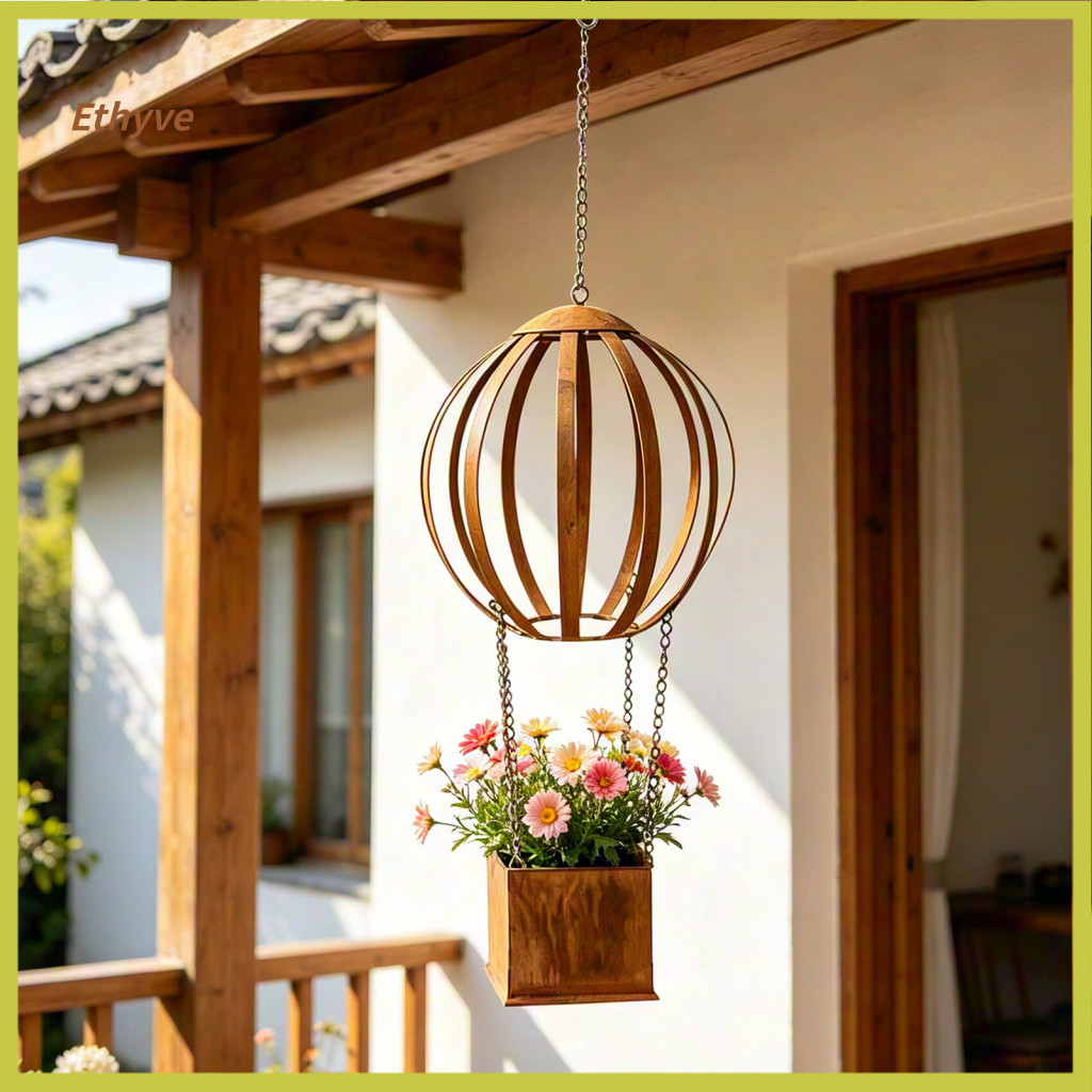 Unique Garden Flowerpot Decorative Metal Planter Vintage Rusted Patina Hot Air Balloon Hanging Iron Flower Pot for Patio
