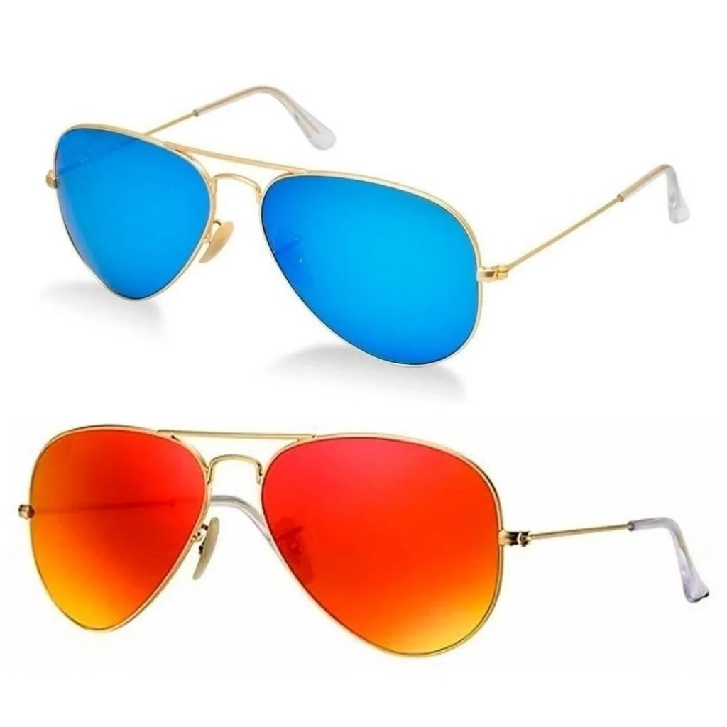 Kit 2 Óculos De Sol Aviador Lentes de Cristal Dourado Azul Espelhado E Dourado Laranja Espelhado Moda Casual Barato