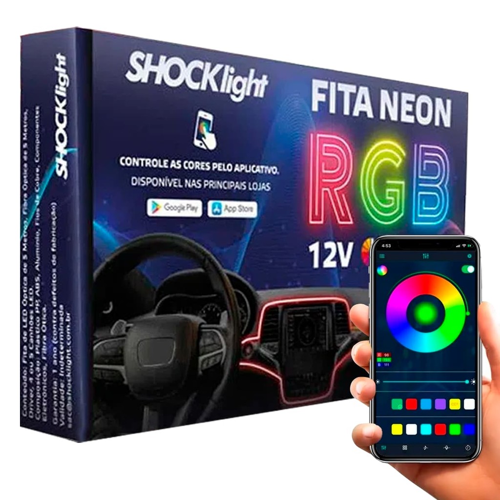 Fita LED Neon RGB Luz Interna 5 Canhões 5 Metros 12V Shocklight