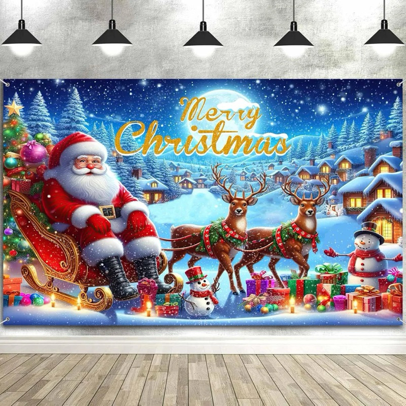 Quadro Decorativo Natalino Merry Christmas Papai Noel e Renas no Inverno 1 Peça Grande