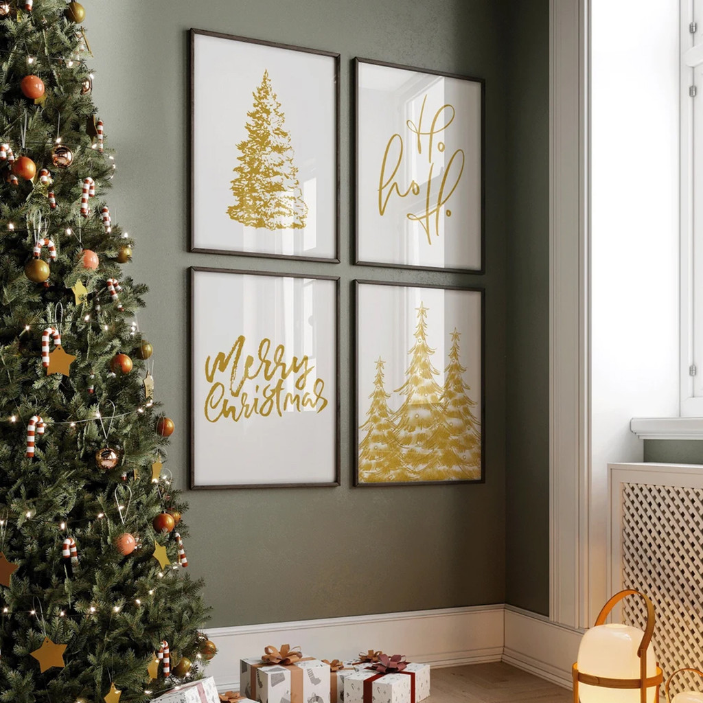 Kit 4 Quadros Decorativos Natalino Dourado Árvore Ho Ho Ho Merry Christmas