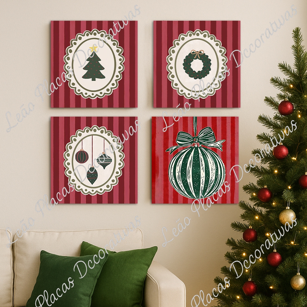 Kit 4 Quadros Decorativos Natal – MDF 20x20cm – Parede Christmas Moderno - tons vermelho marsala feliz natal papai noel