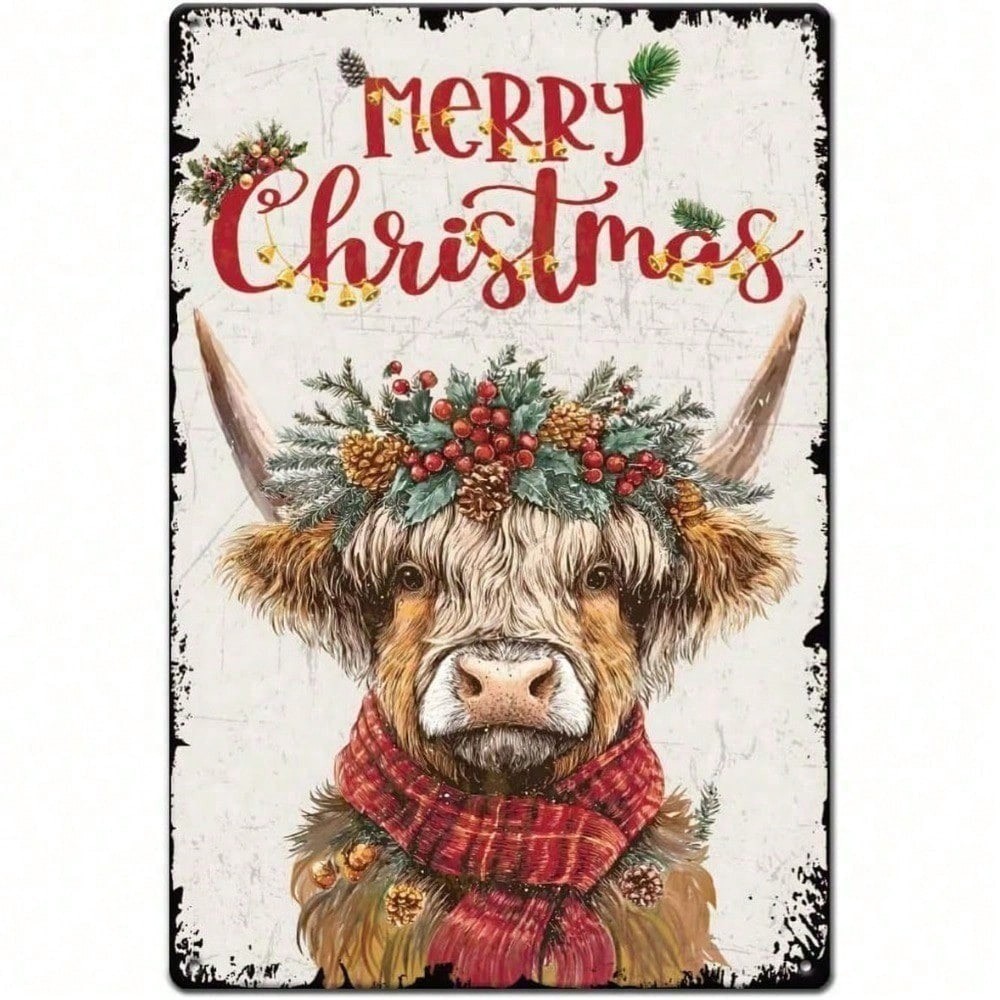 CIFbuy Christmas Highland Cow Metal Sign Decoração De Parede Rústica De Fazenda