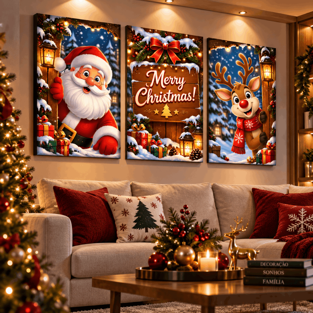 Kit 3 Quadros Decorativos Natal Papai Noel Rena Merry Christmas Decoração Natalina