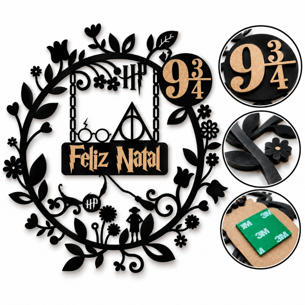 Guirlanda Mandala Harry Potter Mdf Vazados Preto Fosco  Bem vindo Merry Christmas Feliz natal
