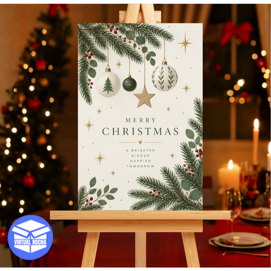 Quadro Decorativo Merry Christmas Natal Minimalista com Folhagens e Bolas Natalinas
