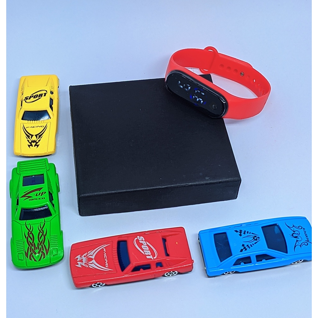 Kit Relógio Infantil Digital Led Bracelete Silicone Prova água + Carro de Brinquedo Carrinho Miniatura mini Car Plastico