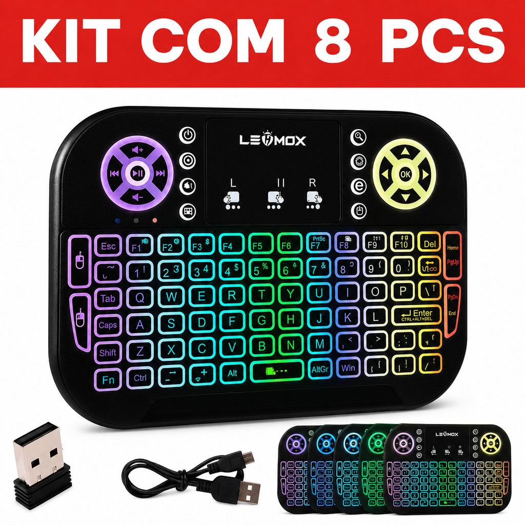 Kit 3/8 Mini Teclado Sem Fio 2.4G Com LED RGB Touchpad P/ Smart TV / TV Box / Celular / PC / Consoles