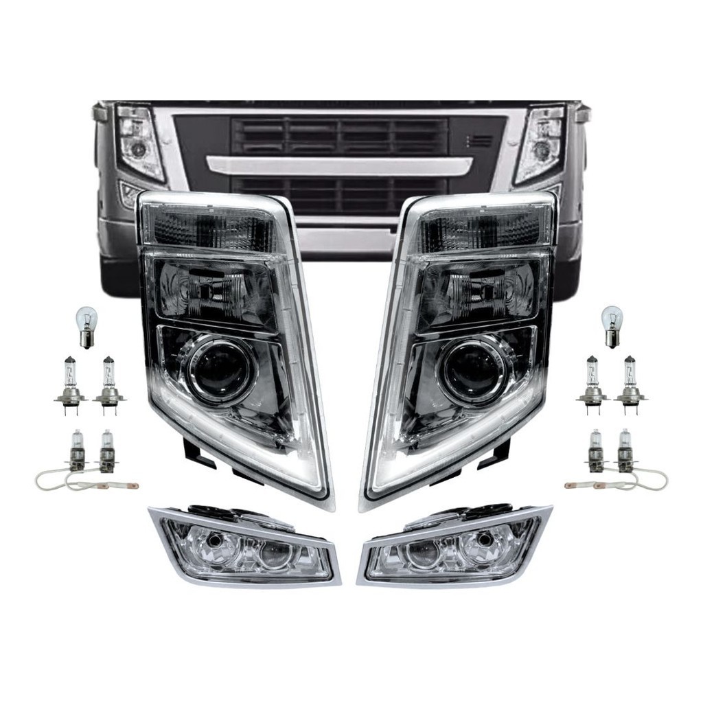 Kit Farol Principal Dianteiro + Farol Auxiliar e Lâmpadas Para Volvo FM / FH 2009 a 2014 DRL LED