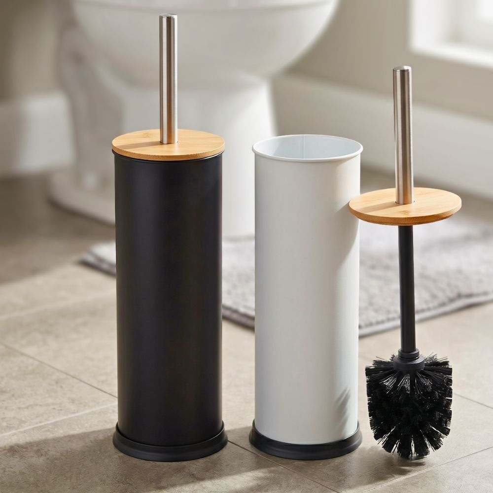 Banheiro Sofisticado Kit 2pçs Escovas de Banheiro Com Suporte Vintage Black/White Inox e Bambu