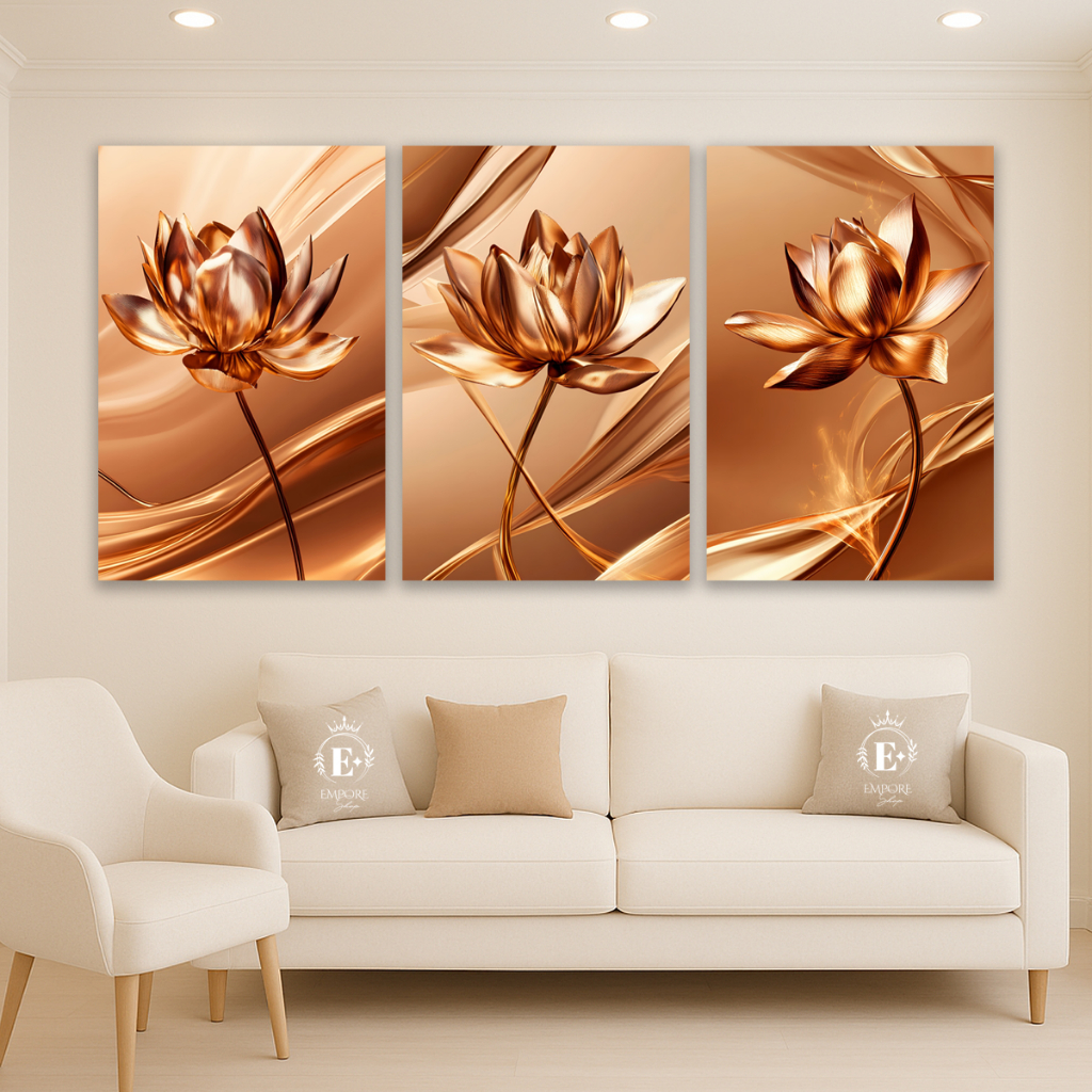 Quadros Decorativos 3 Peças Flores Ton Gold Cobre Luxo Quarto Sala Envio Rápido Full