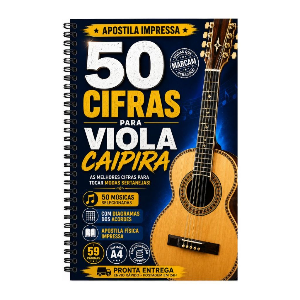 Apostila Física Viola Caipira 50 Cifras Impressa Espiral com Diagramas dos Acordes