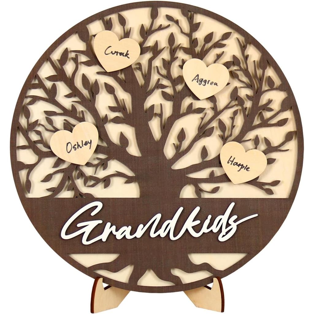 Grandparents Gifts from Grandkids Wooden 3D Family Tree with 20 Wood Heart Tags Personalized Wood Name Sign Family Decor