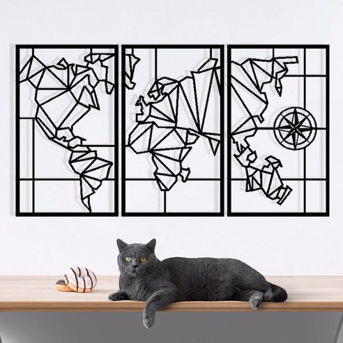 Quadro Decorativo Aplique de Parede Vazado Preto Mapa Mundi Geométrico  1.20 m por 60cm Madeira Mdf 3mm