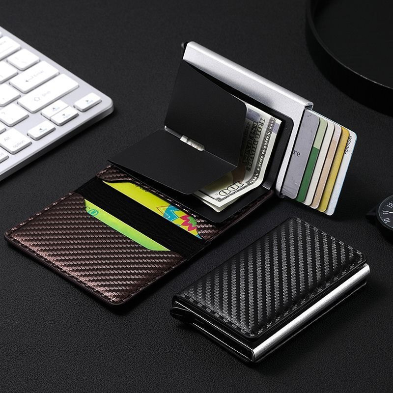 Carteiras Masculinas de Fibra de Carbono, Porta-Cartões Tri-fold de Couro Preto Mágico