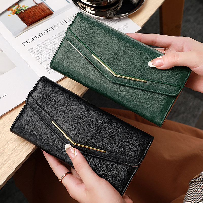 Senhoras carteira longa Tri-fold costura moda feminina Multi-cartão de couro versão coreana cera de óleo couro grande ca