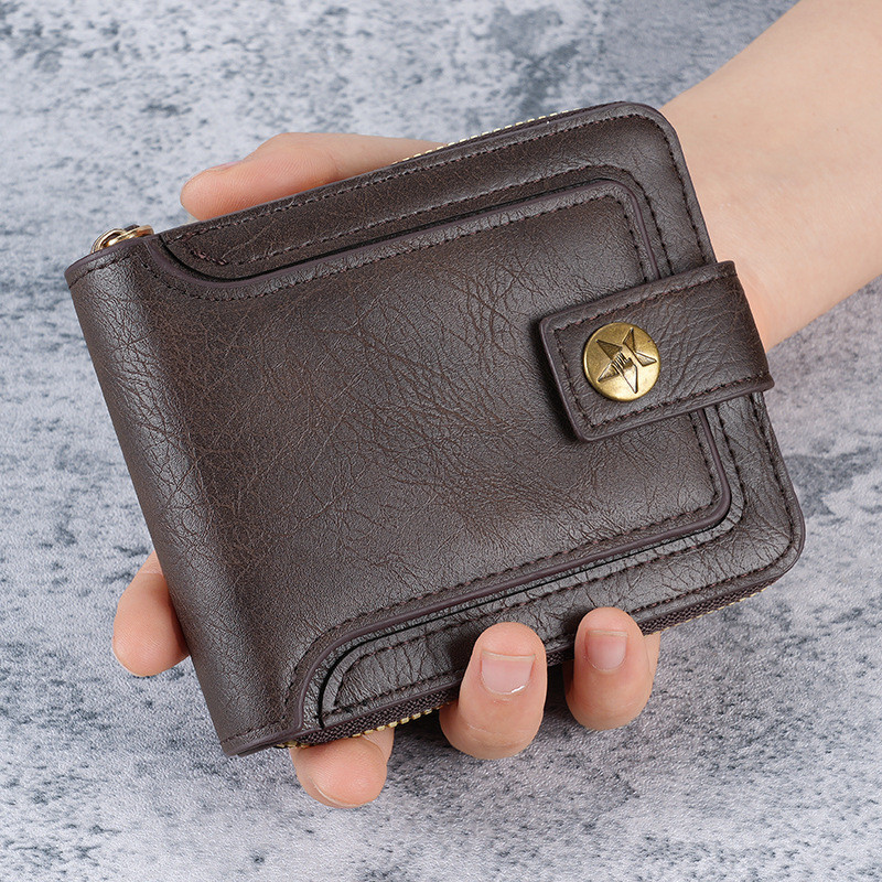 2026 Carteira Curta Masculina Retro Multifuncional Zíper Tri-fold Coin Purse