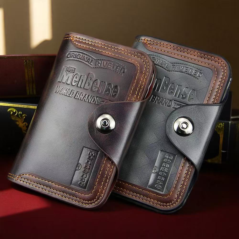 Nova carteira masculina curta europeia americana moda empresa saco grande capacidade fivela magnética Tri-fold carteira