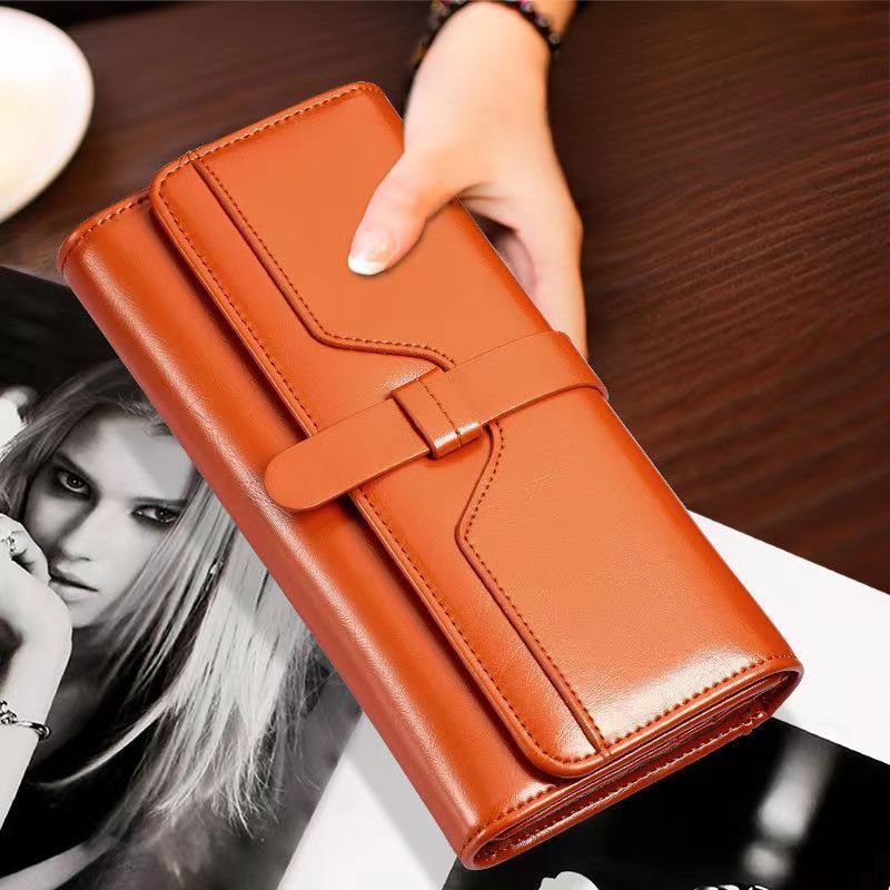Versão coreana senhoras carteira feminina longa moda cera de óleo couro Tri-fold cordão cor sólida Retro carteira