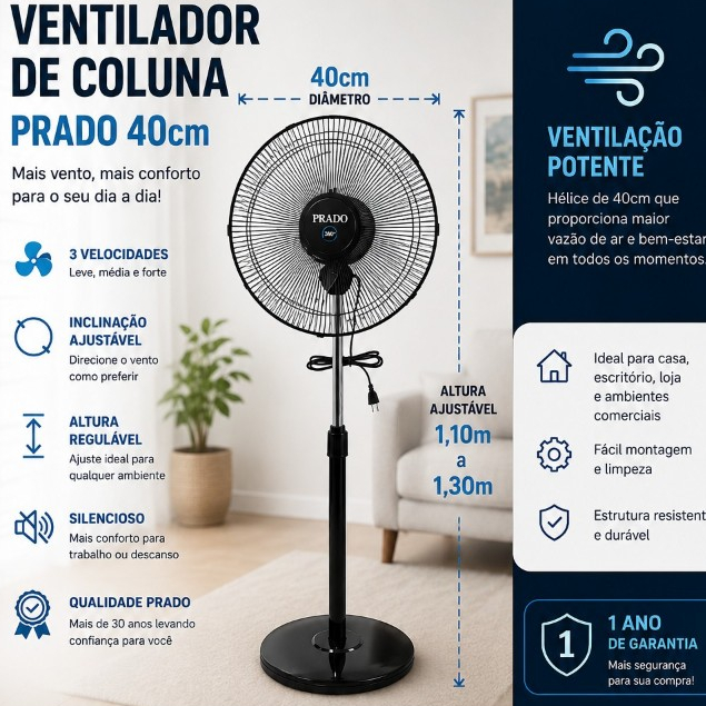 Ventilador Pedestal 110v Coluna 40 Cm GIRA 360 GRAUS Prado Hélice Com 5 Pás