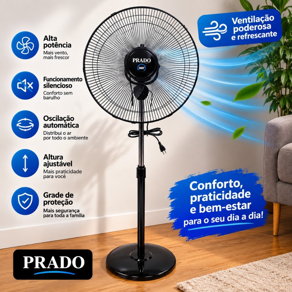 Ventilador Portátil 360 GRAUS Coluna Pedestal 40 Cm Prado Hélice 5 Pás 110v