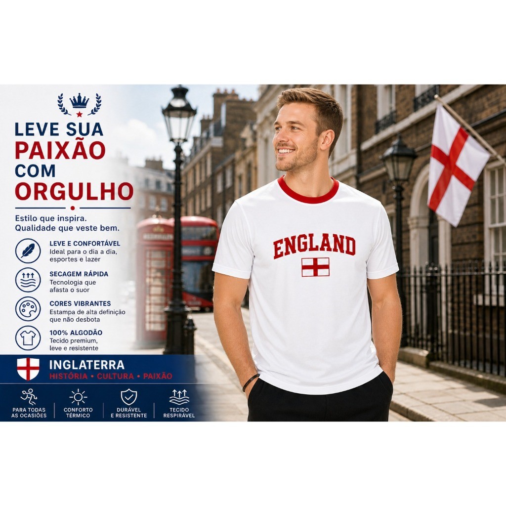 Camiseta England - Coleção Inglaterra | 100% Algodão Premium | Adulto Infantil Estampa Casual