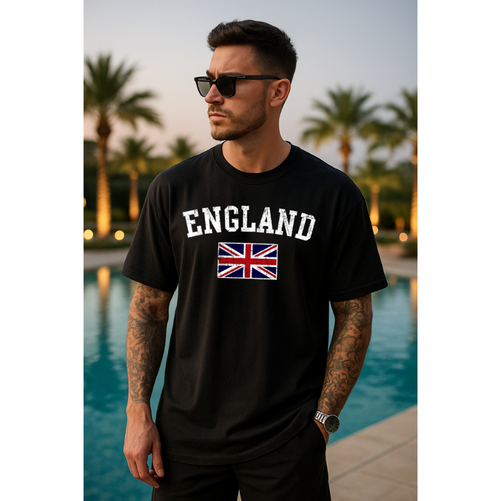 Camiseta Masculina Streetwear England Inglaterra Bandeira Estampada Camisa Manga Curta Tecido Algodão 100%