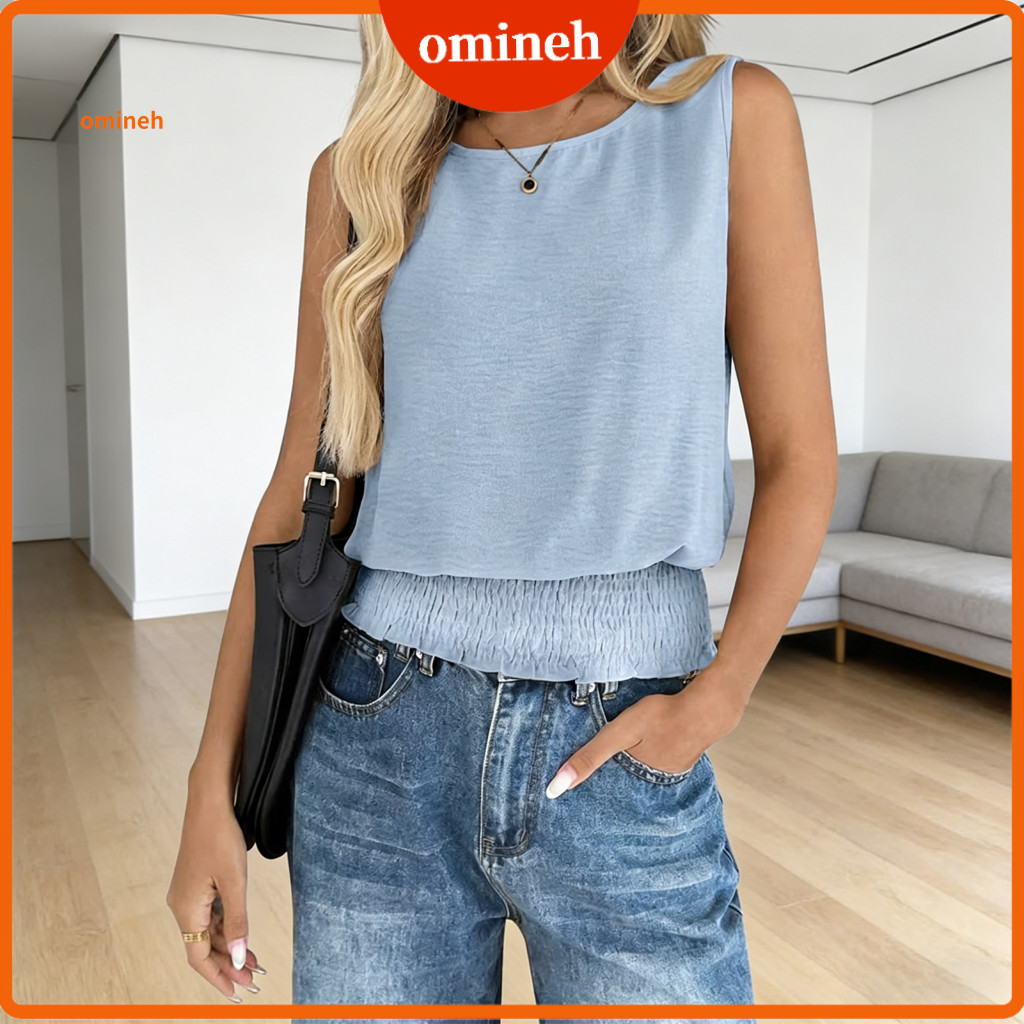 Women Vest Breathable Summer Tops Women’s Top O-neck Soft Stretchy Pleated Hem Loose Fit Pullover Blouse for Party Vac