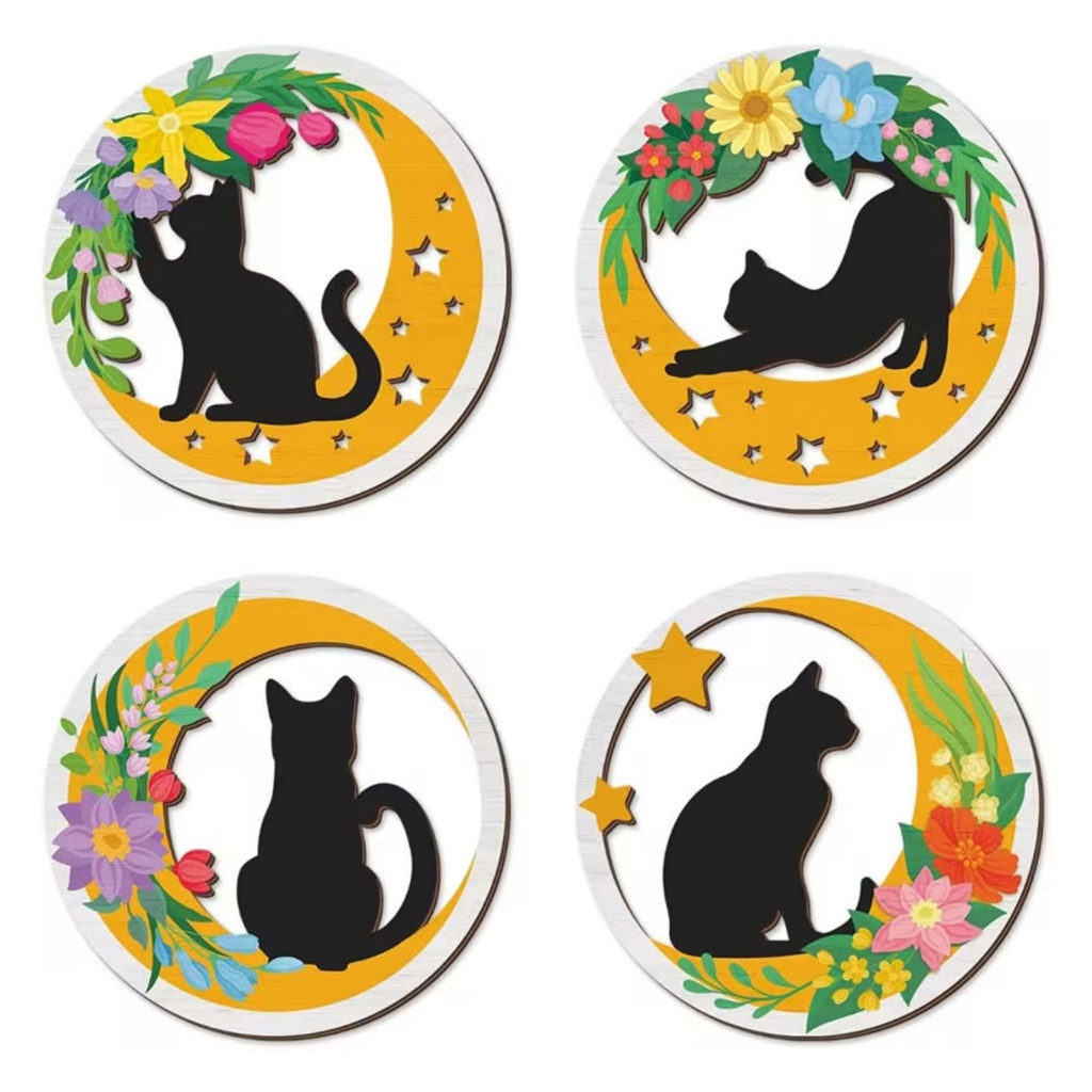 4pcs Wooden Cat Wall Decor Set – 2d Flat Round Hanging Signs with Flower Moon Design Lightweight Decorative Art for Ro