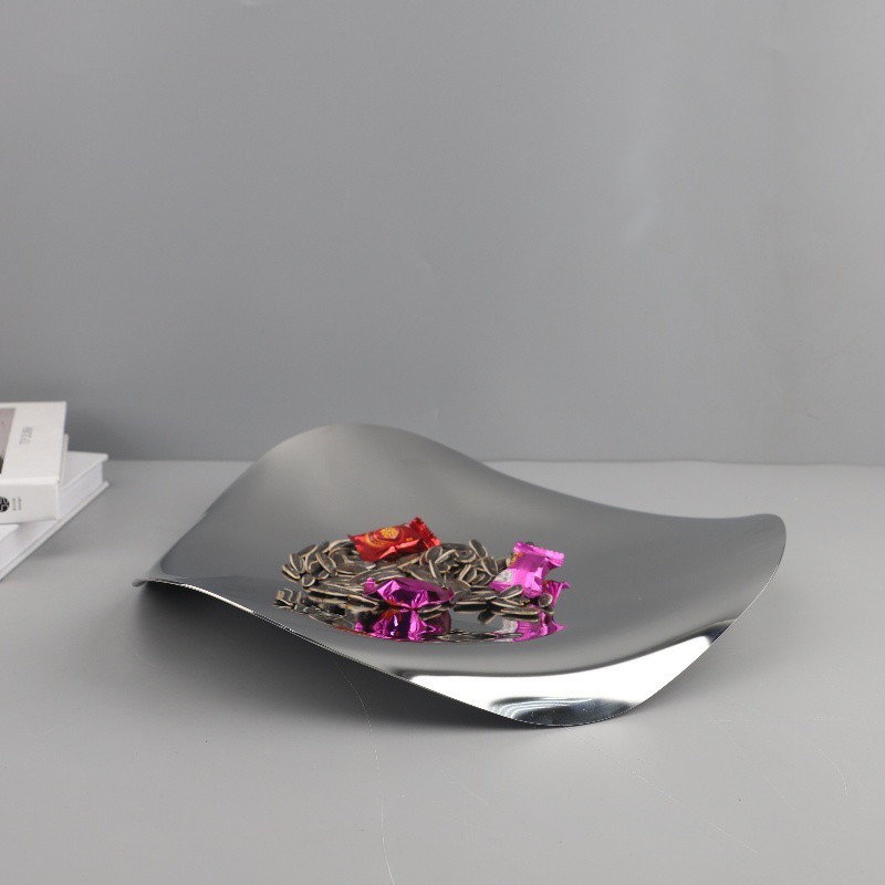 Modern minimalist stainless steel silver irregular streamlined tray ornament for dining room, living room, TV cabinet, h