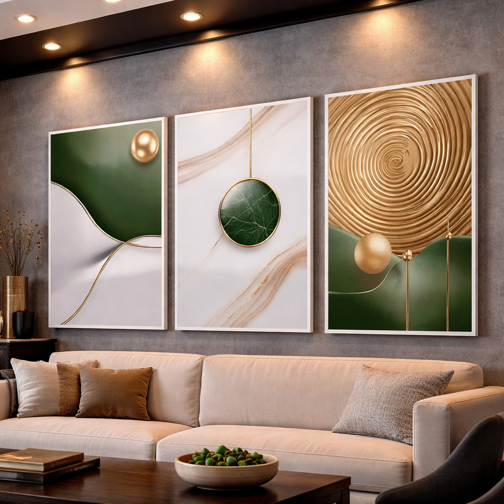 Kit 3 Quadros Decorativos Abstrato Nordic Verde Gold Mosaico Sala Quarto Escritório