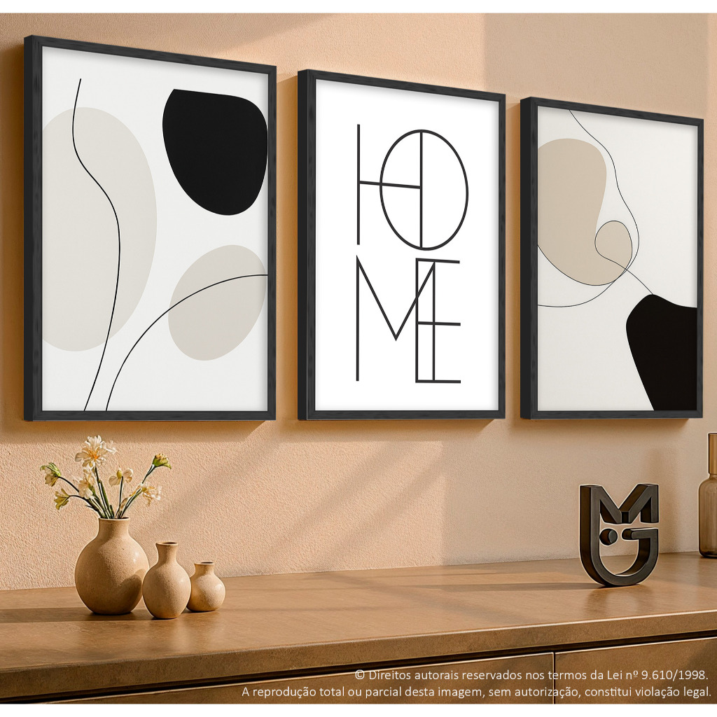 Quadros Decorativos 3 Peças Abstrato Geométrico Trio Nordic Sala Quarto Hall Home