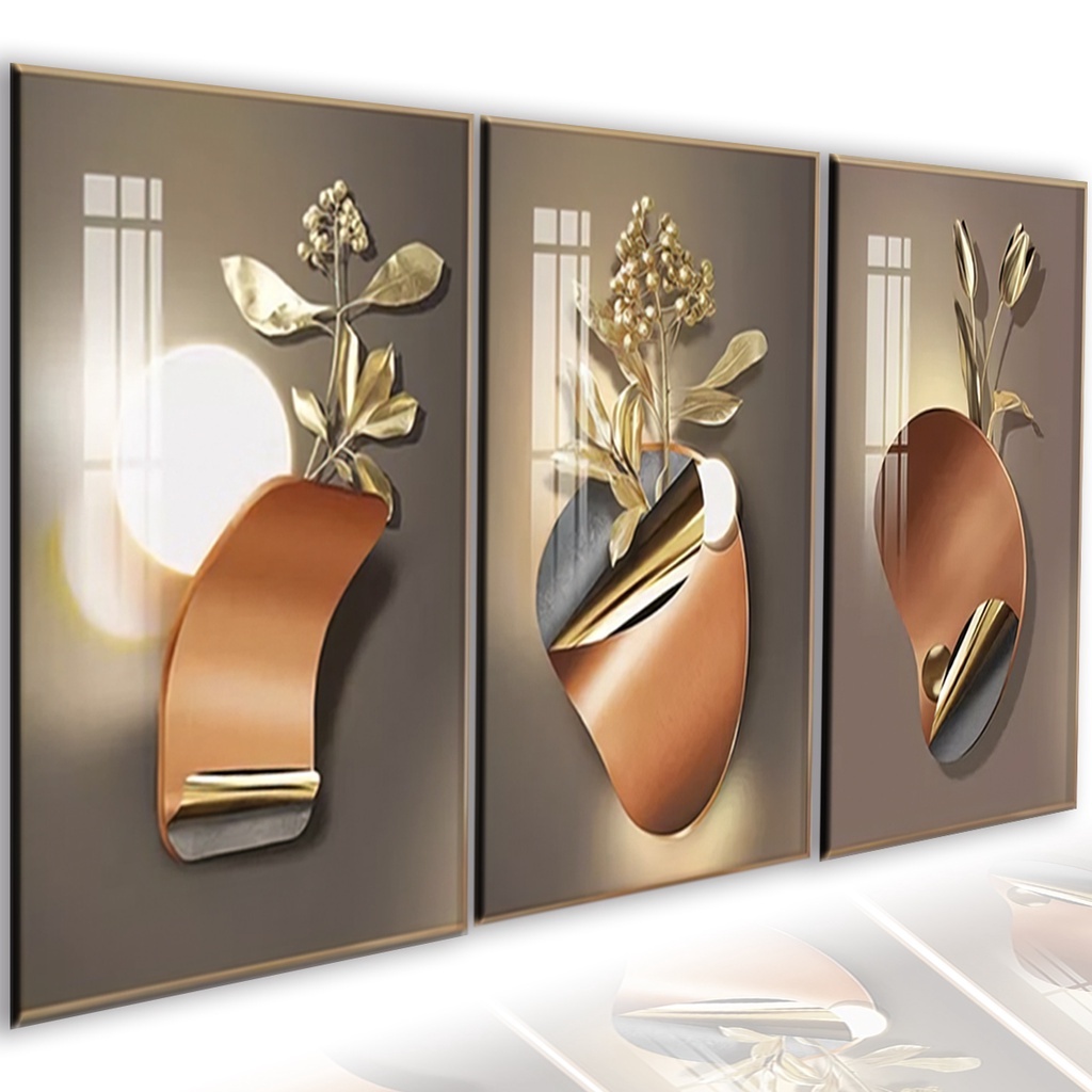 Quadros Decorativos de Parede 3 Peças Nordic Flor Dourada 3D Folhas Gold Sala Quarto p12