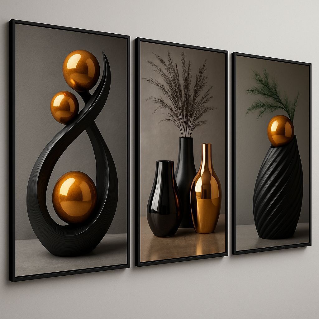 Quadro Decorativo 3 Peças Geométrico Abstrato Trio Vasos Nordic Hall