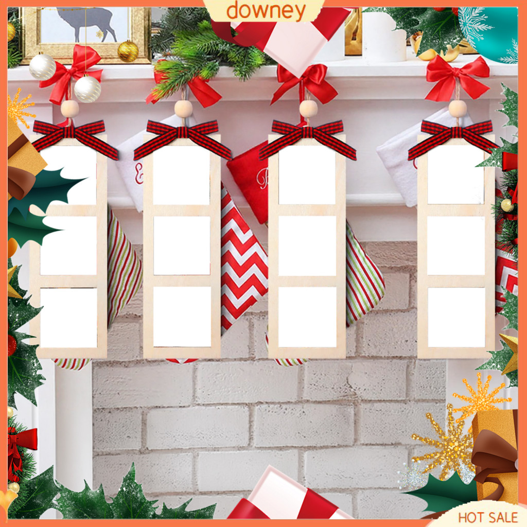 Christmas Wooden Photo Frame Ornament Diy Hanging Picture Holder with Ribbon Bow Holiday Tree Decoration Festive Party G