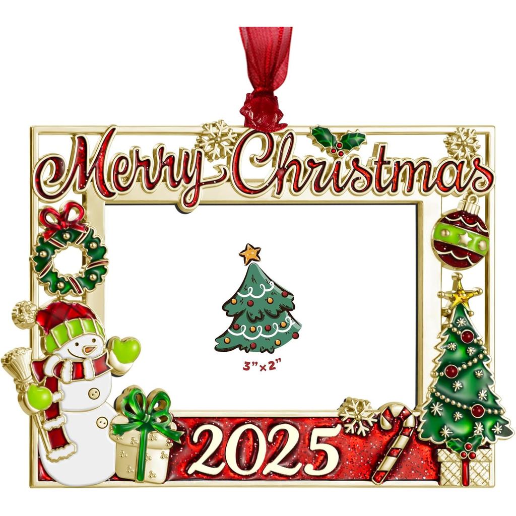 2025 Christmas Tree Snowman Ornament Picture Frame Metal Hanging Pendant Holiday 3x2 Photo Frame Charm Decorative of Pet