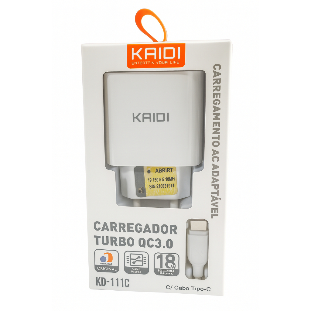 Carregador Turbo 20W USB-C Kaidi  QC3.0 + Cabo Tipo C 1m Rápido